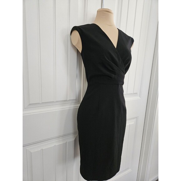 Calvin Klein Black Surplice Sheath Dress With Buckle Size 4 Back Slit - Picture 2 of 9